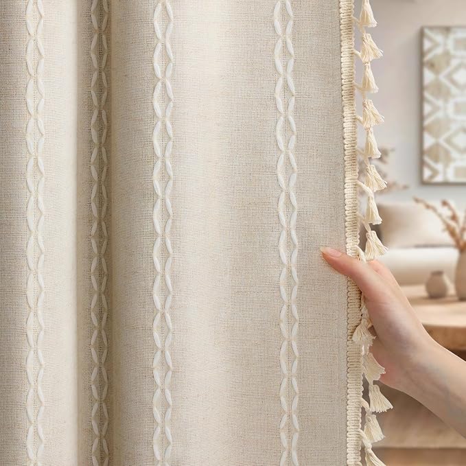 Boho Blackout Curtains 72 Inches Long Beige Linen Blend 2 Panels - Image 2