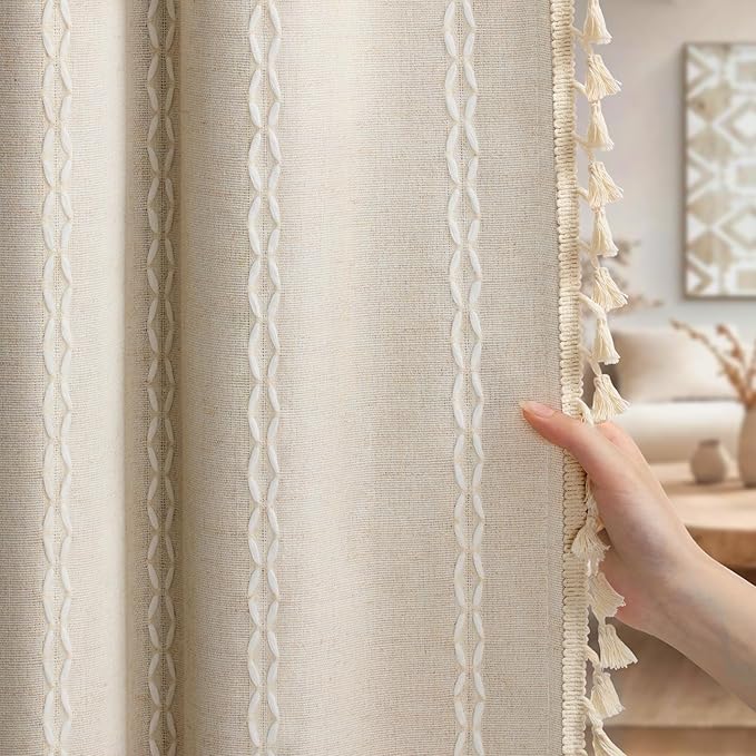 Boho Blackout Curtains 96 Inches Long Beige Linen Blend 2 Panels - Image 8