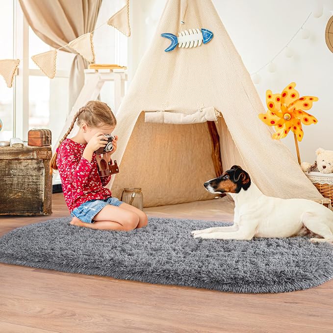 Pionblank Fluffy Oval Area Rug for Bedroom 3.3x6.2 Feet, Cute Plush Throw Rugs - Image 2