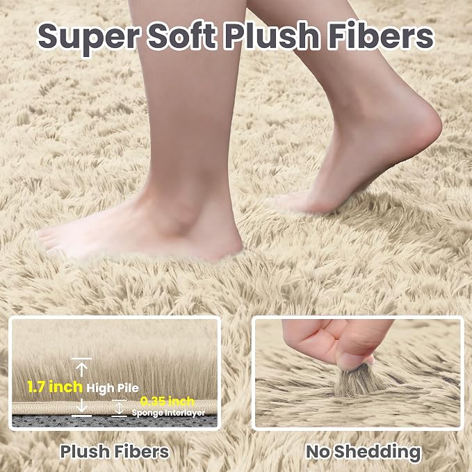 6x9 Fluffy Shag Area Rugs for Living Room Bedroom: Soft Plush Carpet Beige | - Image 5