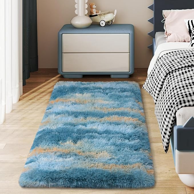 Soft Runner Rugs for Bedroom Hallways, 2x4 Abstract Blue Fluffy Shag Throw Area by Ailyei