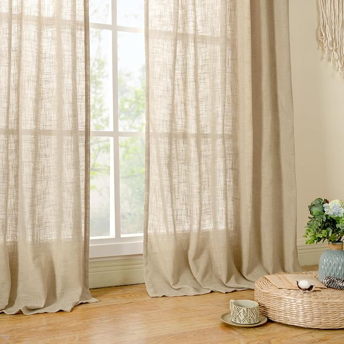 LAMIT Brown Linen Boho Curtains 68 inch Length 2 Panels, Light Filtering Semi - Image 9