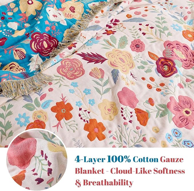 MSGKV Boho Throw Blanket for Bed Twin Size 100% Cotton Floral Blanket 60"x80" - Image 4