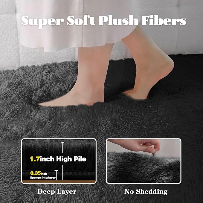 Black Round Rugs for Bedroom: 4ft Circle Fluffy Shag Soft Washable Rug Small - Image 3