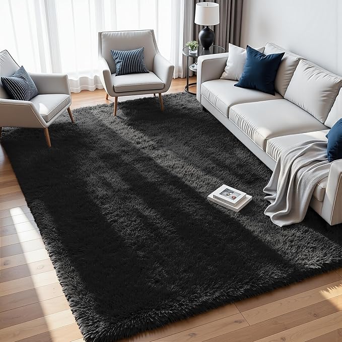9x12 Fluffy Shag Area Rugs for Living Room Bedroom: Soft Plush Carpet Black | by CarpetAddColortoYourLife