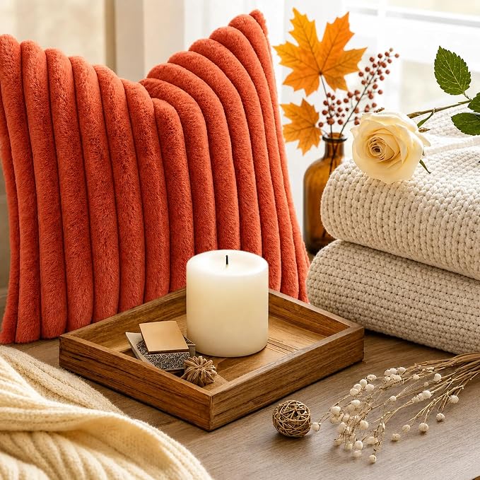 decorUhome Fall Faux Fur Throw Pillow Covers 16x16 Set of 2 Rust | Decorative - Image 8