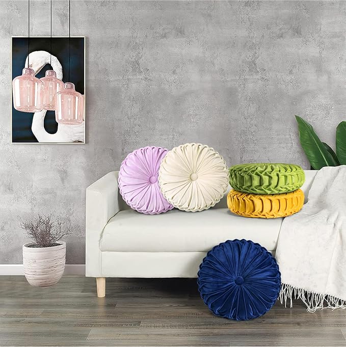 HIG Set of 2 Decorative Round Pleated Throw Pillows, Classy Accent Pumpkin - Image 5