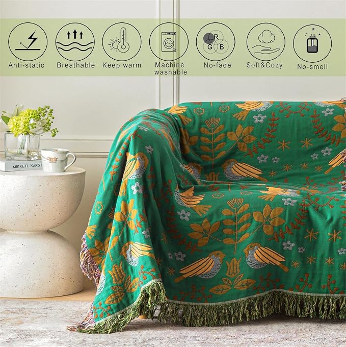 MSGKV Boho Throw Blanket 100% Cotton Green Blanket 90''x 98'' Spring Reversible - Image 7