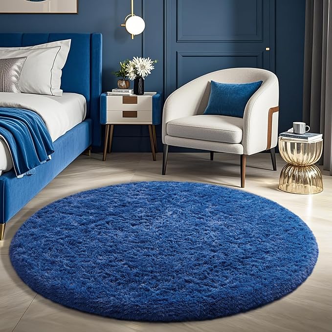 Ophanie Blue Round Rug 5Ft Circle Area Rug, Boys Room Decor, Fluffy Fuzzy by Ophanie