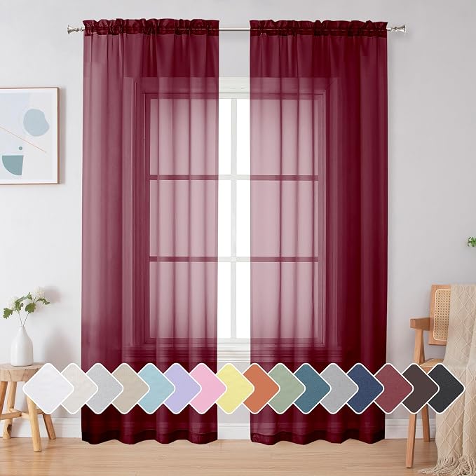 Simplebrand Red Sheer Curtains 84 Inches Long, Light Filtering Rod Pocket Solid by Simplebrand