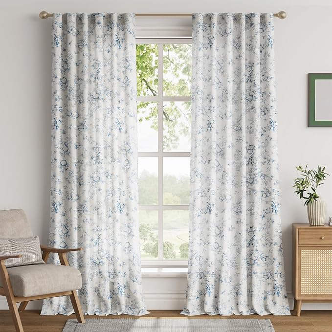 jinchan Linen Floral Curtains for Living Room 96 Inch Length Blue Printed - Image 2