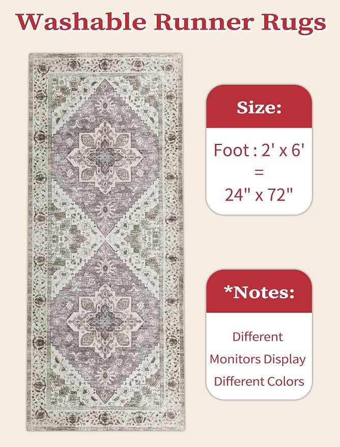 SERISSA Boho Washable Runner Rug, 2x6 Rug Non-Slip Vintage Earth Tone Hallway - Image 2