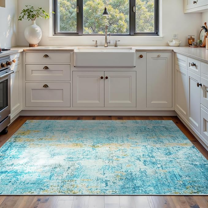 Ompaa Living Room Rug 5x7 Teal Blue Area Rug Machine Washable Boho Rug Non Slip - Image 3