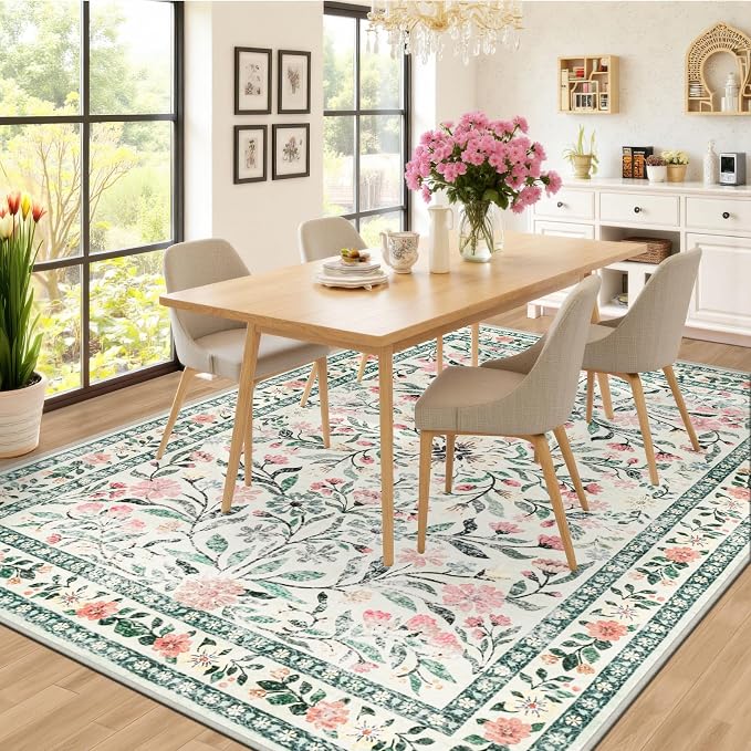 PLHXFR 6x9 Area Rug Living Room: Floral Washable Boho Carpet Green Beige | - Image 4