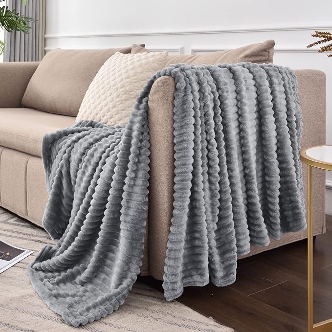 BEDELITE 3D Ribbed Jacquard Grey Fleece Twin Blanket - Image 9