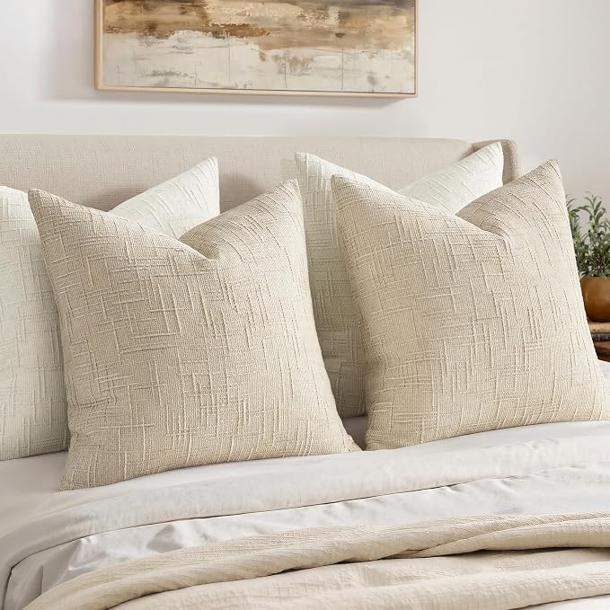 MIULEE Chenille Textured Euro Throw Pillow Covers Beige 22x22 Set of 2 | Slubby - Image 5