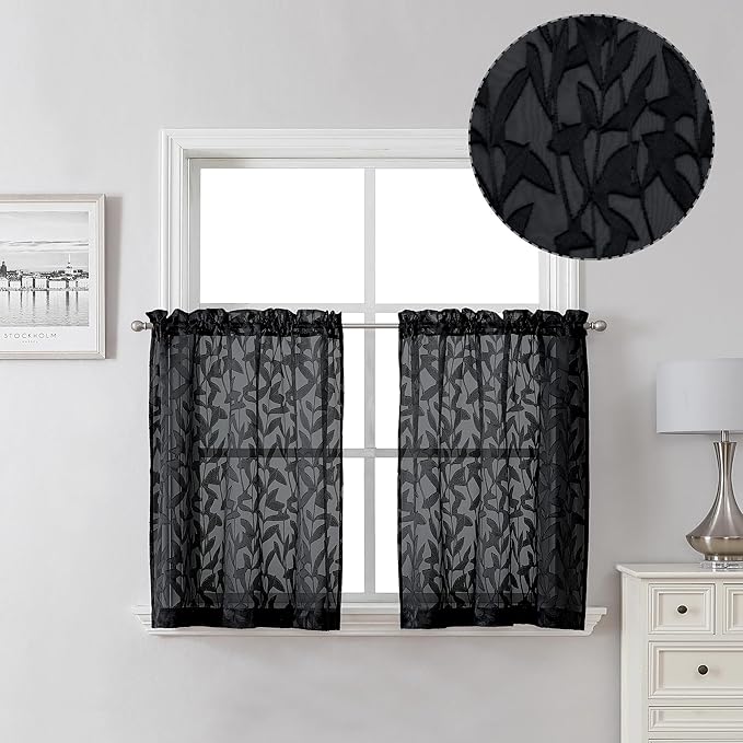 Lecloud Leia Black Valances Sheer Cafe Curtains 24 Inch Length 2 Pieces by Lecloud