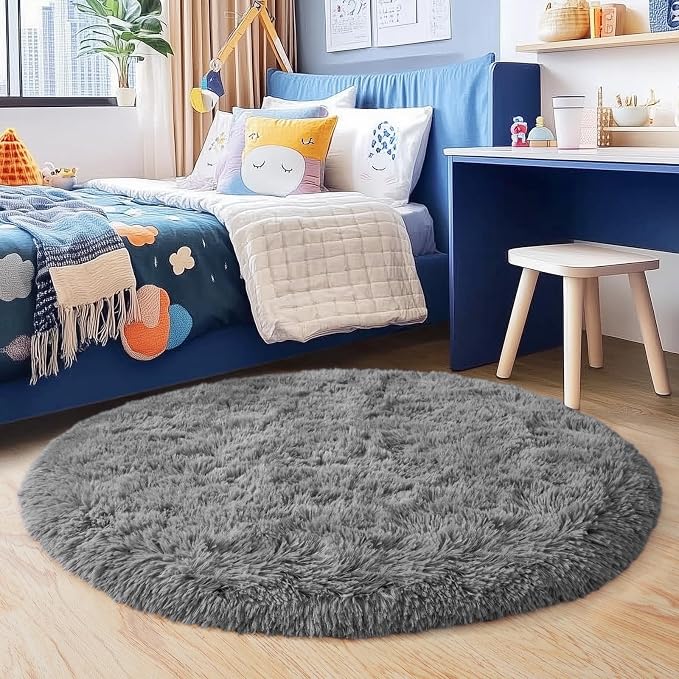 4'x4' Grey Round Rug for Bedroom, Ultra Soft Fluffy Circle Rug for Kids Girls - Image 2