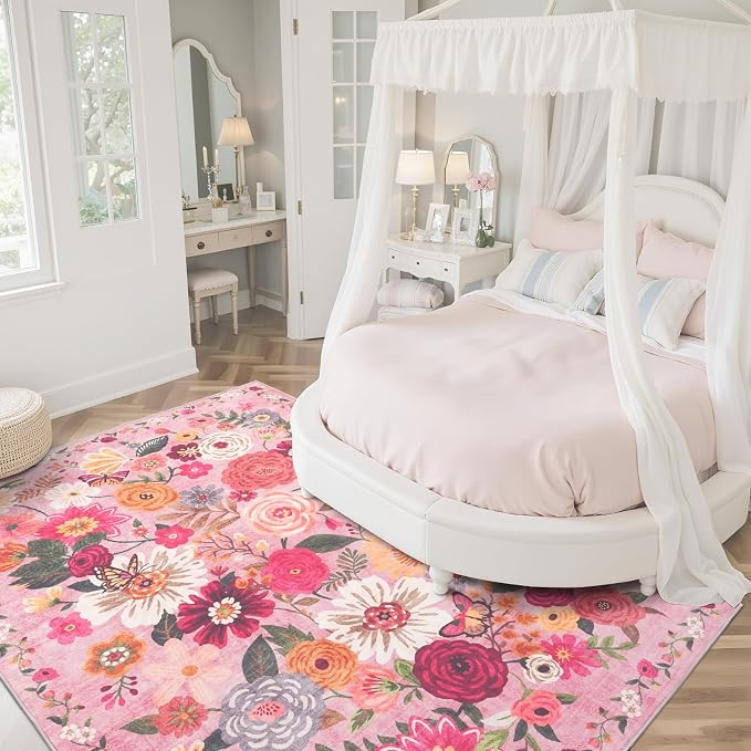 Pink Floral Girls Room Rug 4x6, Non-Slip Washable Rugs - Image 6