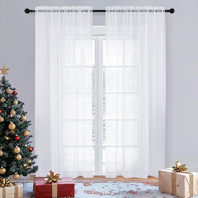 OVZME White Sheer Curtains 84 inches Long 2 Panels Set, Sheer White Curtains by OVZME