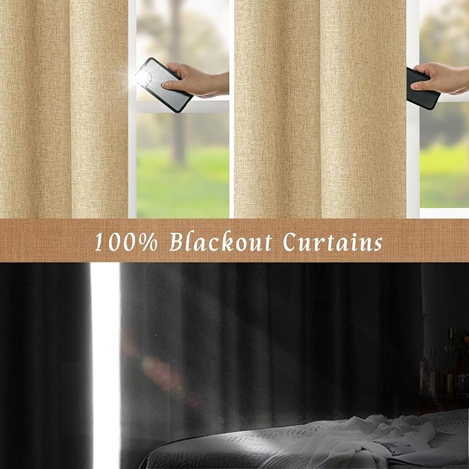 Natural 100% Blackout Linen Curtains 45 Inches 2 Panels, Burlap | Linen Textured - Image 3