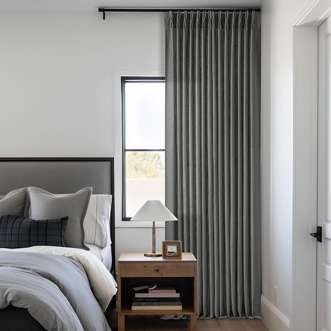 Charcoal Gray Linen Pinch Pleat Semi Sheer 108 Inch Curtains 2 Panels Set | - Image 6
