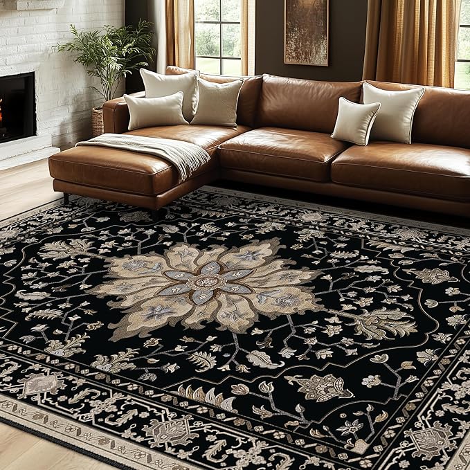 Area Rugs 7'x9' Washable Non-Slip, Floral Vintage Distress Print Pattern - Image 3