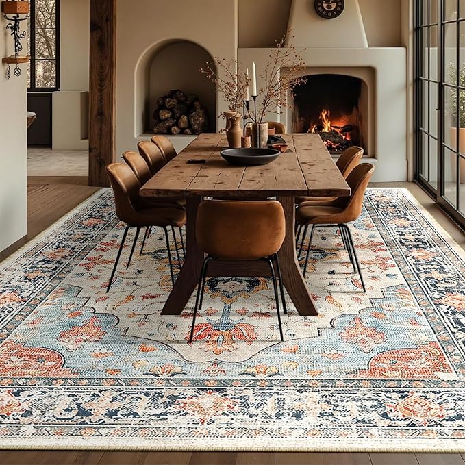 Area Rugs 10'x12' Washable Non-Slip, Floral Vintage Distress Print Pattern - Image 3