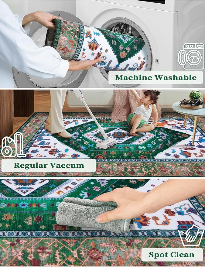SERISSA Boho Washable Runner Rug, 2x6 Rug Runner Non-Slip Vintage Green White - Image 2