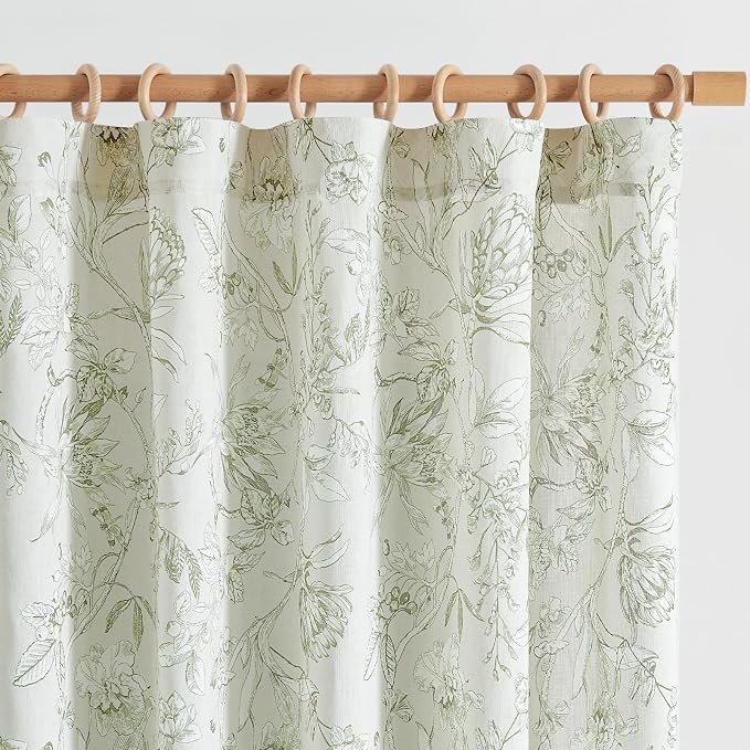 jinchan Floral Curtains 63 Inch Length Sage Green Flower Linen Farmhouse Curtain by JINCHAN