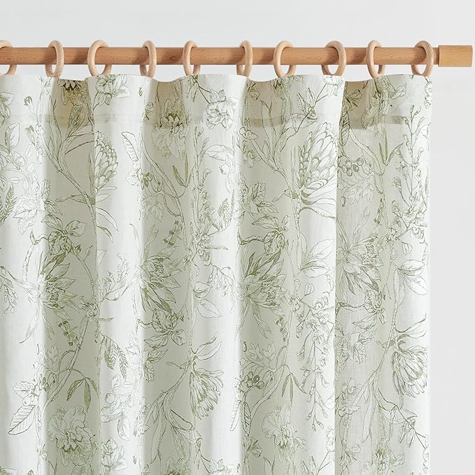 jinchan Floral Curtains 90 Inch Length Sage Green Flower Linen Farmhouse Curtain by JINCHAN