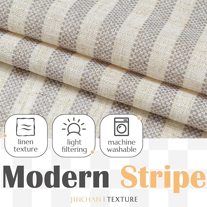 jinchan Linen Valance Curtain Striped Grey Small Window Curtain Double Layer - Image 4