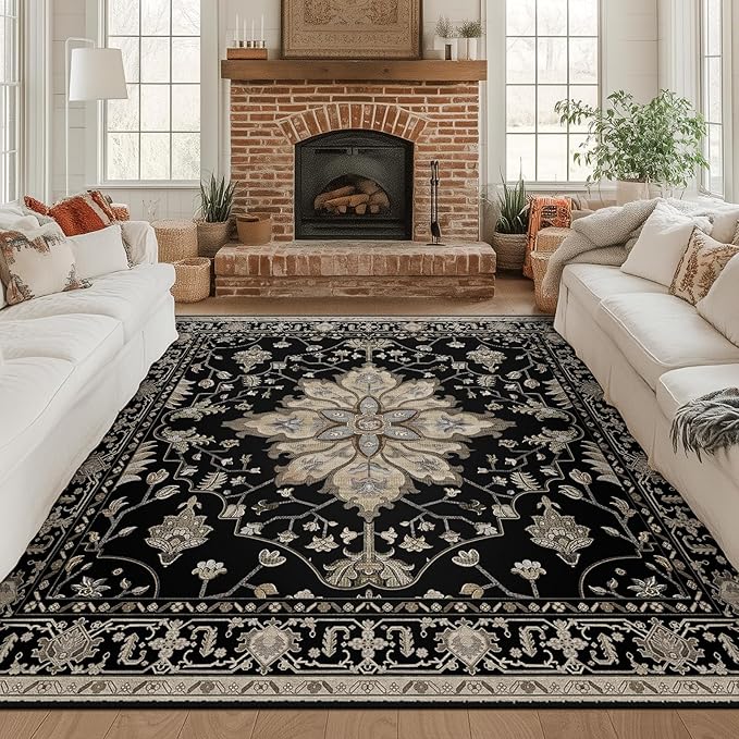 Area Rugs Square 8ft Washable Non-Slip, Floral Vintage Distress Print Pattern by RELEANY