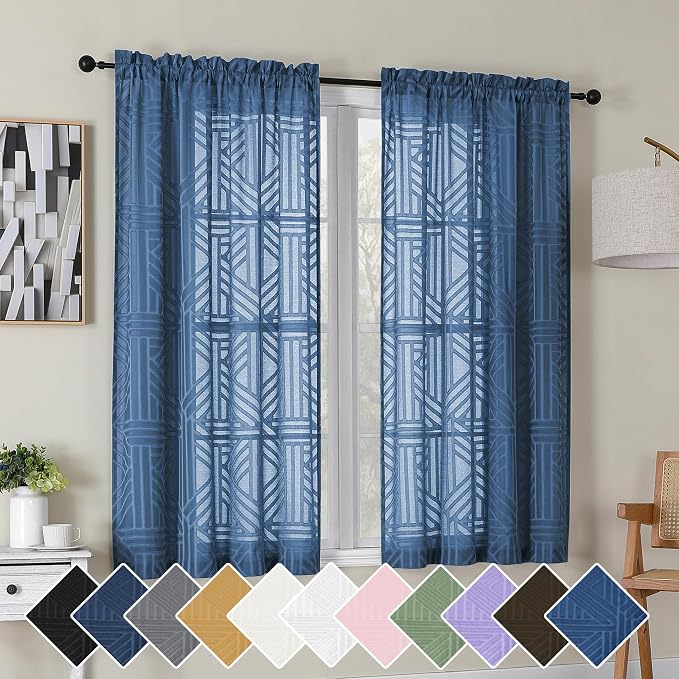 Simplebrand Dusty Blue Semi Sheer Curtains 54 Inch Length 2 Panels, Geometric by Simplebrand