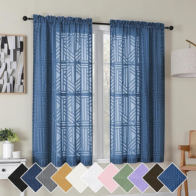 Simplebrand Dusty Blue Semi Sheer Curtains 45 Inch Length 2 Panels, Geometric by Simplebrand