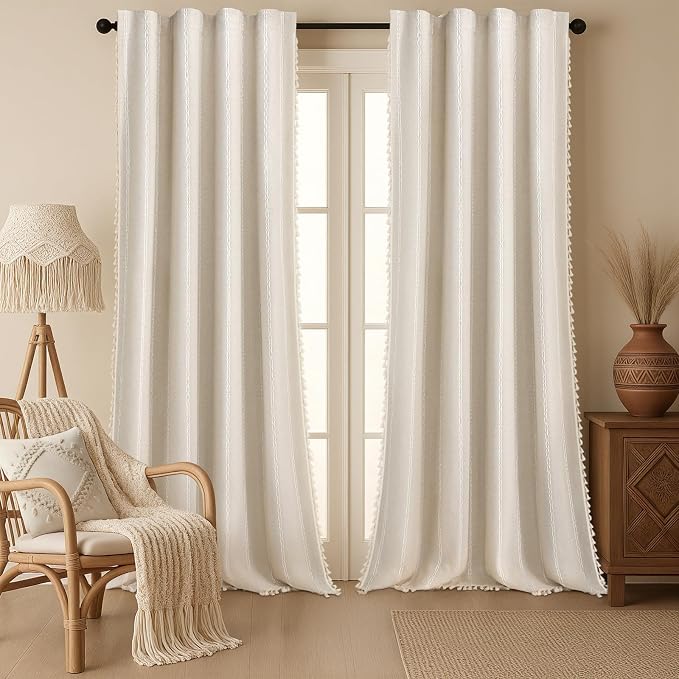 Boho Blackout Curtains 96 Inches Long Beige Linen Blend 2 Panels by Unknown