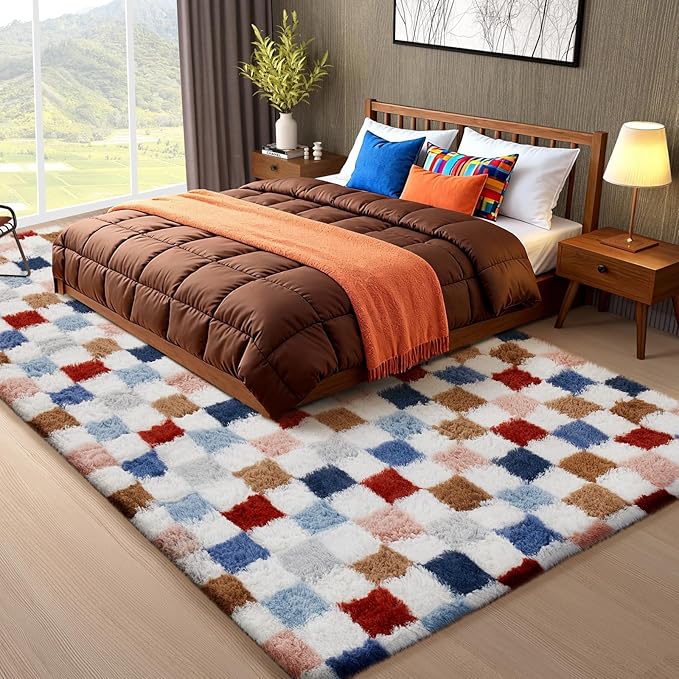 Ophanie Checkered Rainbow Rug for Living Room Bedroom, Colorful Fluffy Soft - Image 5