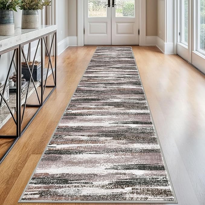 Lansny Modern Abstract Runner Rug 2.6x12, Dark Light Brown White Washable Long by lansny