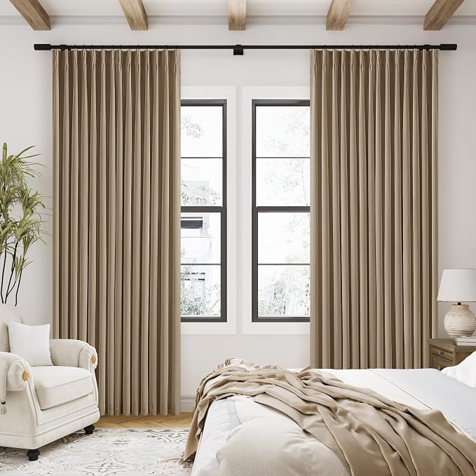 Light Brown Pinch Pleated 100% Blackout Linen Bedroom 96 Inch Curtains | Double - Image 7