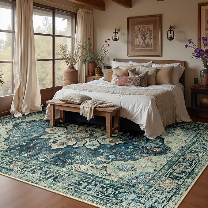 Area Rugs 8'x10' Washable Non-Slip, Floral Vintage Distress Print Pattern - Image 2
