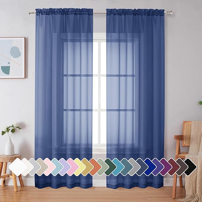Simplebrand Royal Blue Sheer Curtains 84 Inches Long 2 Panels, Light Filtering by Simplebrand