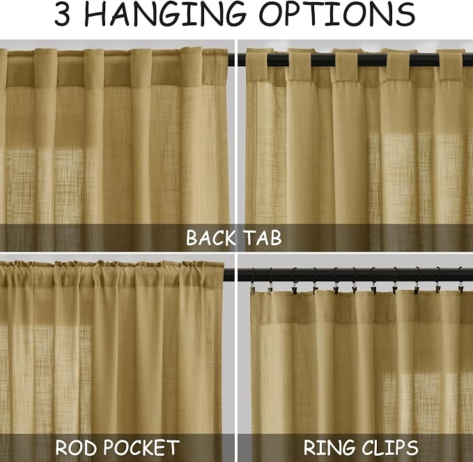 Gold Linen Curtains 63 Inches Long 2 Panel Sets - Image 2