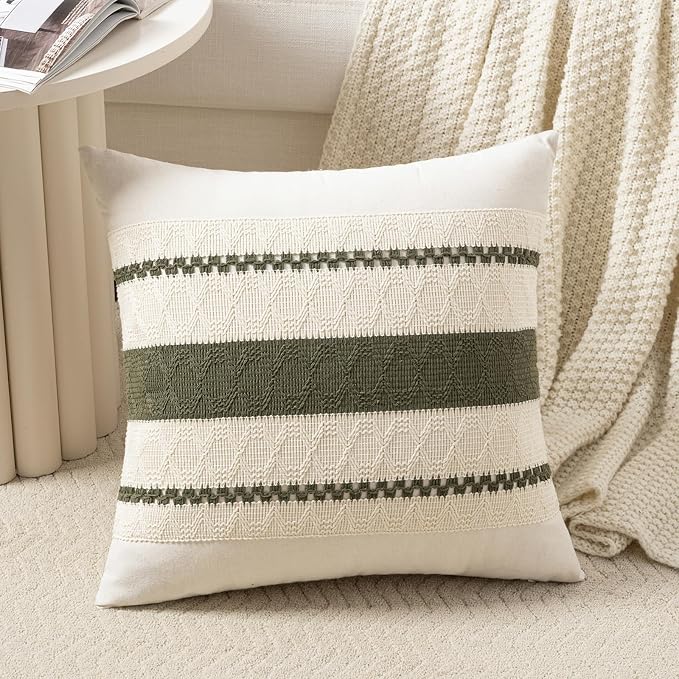 Fancy Homi Set of 1 Boho Olive Green Decorative Throw Pillow Cover 18x18 Inch by Fancy+Homi
