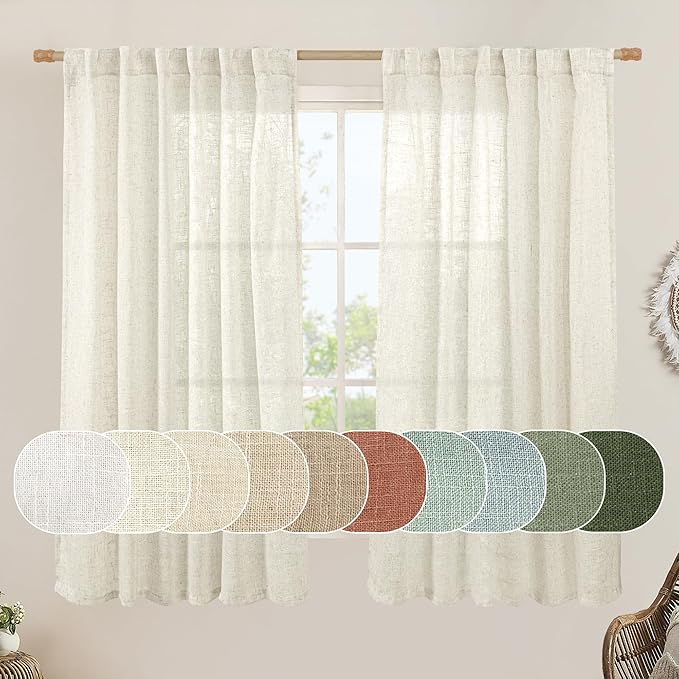 LAMIT Semi Sheer Linen Window Curtains 63 Inch Length, Light Filtering Neutral by LAMIT