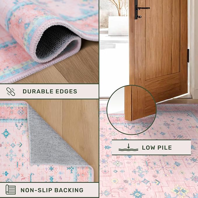 Washable Pink and Blue 7x10 Oushak Rugs - Image 5