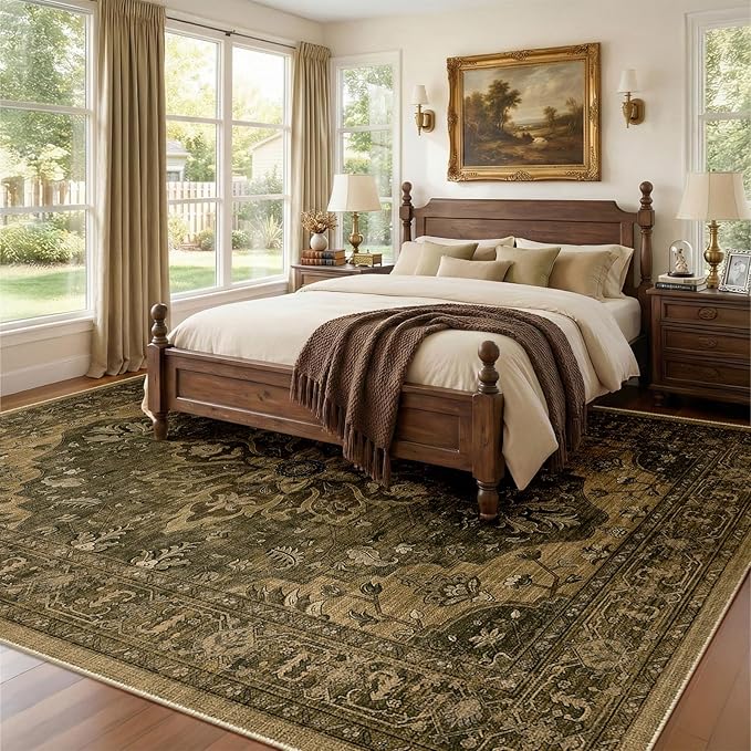 Area Rugs 9'x12' Washable Non-Slip, Floral Vintage Distress Print Pattern - Image 2