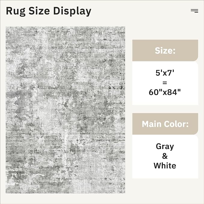 Abstract Rug 5x7 Machine Washable Area Indoor Grey White Low Pile Non-Slip - Image 5
