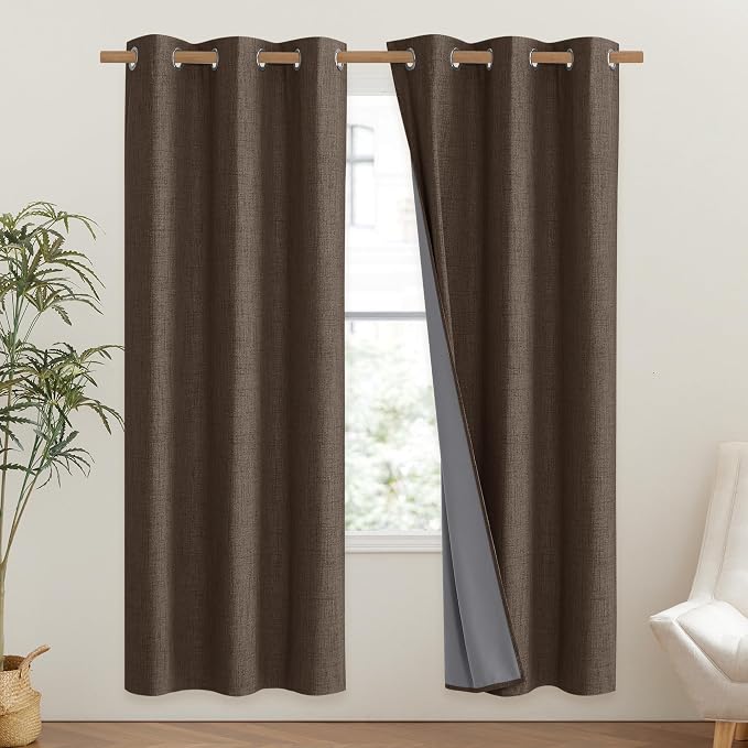 NICETOWN Coffee Vintage Linen 100% Blackout Curtains - Image 2