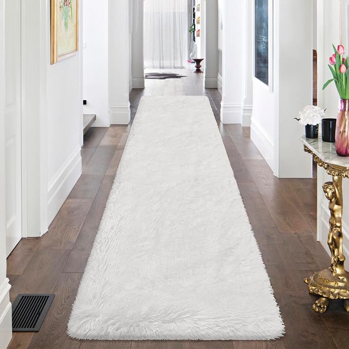 Runner Rug for Bedroom White 2x8ft Fluffy Area Rug Bedside Runner Rug for Kids - Image 2