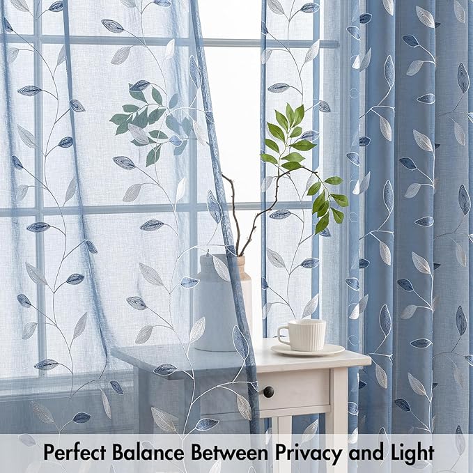MIULEE Dusty Blue Sheer Curtains 2 Panels Embroidered Leaf Patterned Rod Pocket - Image 5